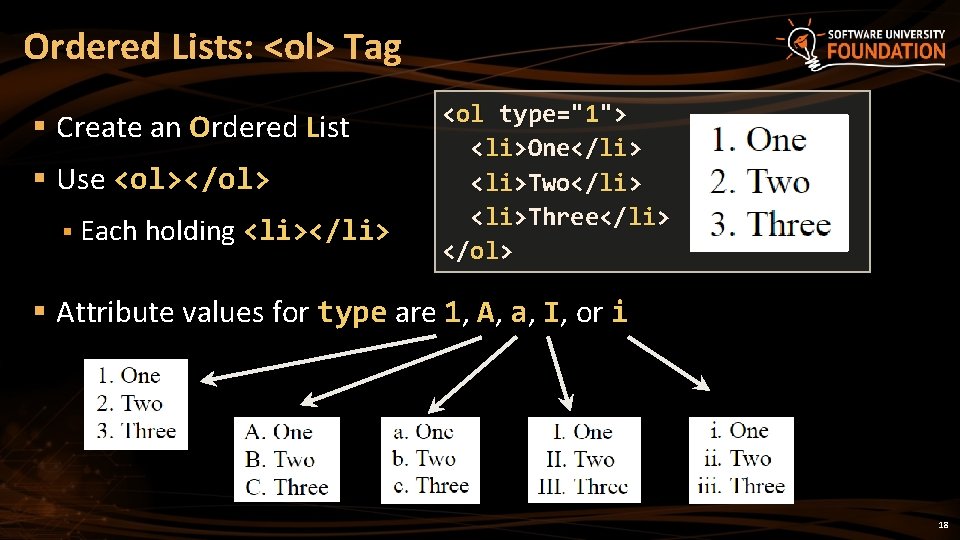 Ordered Lists: <ol> Tag § Create an Ordered List § Use <ol></ol> § Each