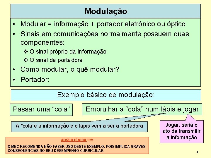 Modulação • Modular = informação + portador eletrônico ou óptico • Sinais em comunicações