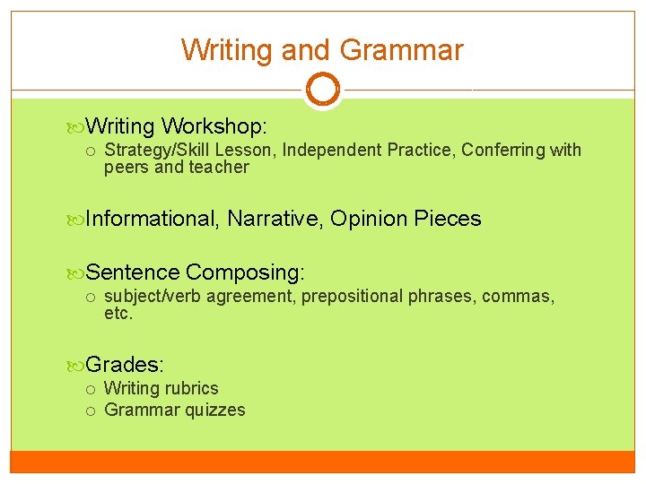 Writing and Grammar Writing Workshop: Strategy/Skill Lesson, Independent Practice, Conferring with peers and teacher