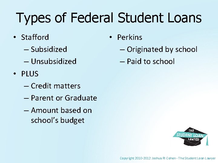 Types of Federal Student Loans • Stafford – Subsidized – Unsubsidized • PLUS –