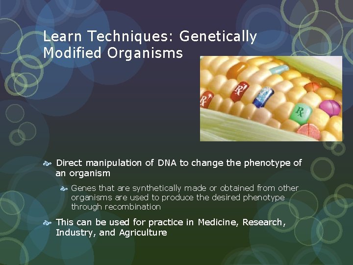 Learn Techniques: Genetically Modified Organisms Direct manipulation of DNA to change the phenotype of