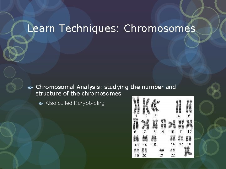 Learn Techniques: Chromosomes Chromosomal Analysis: studying the number and structure of the chromosomes Also