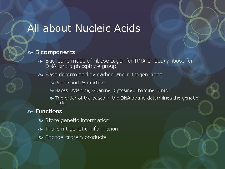 All about Nucleic Acids 3 components Backbone made of ribose sugar for RNA or