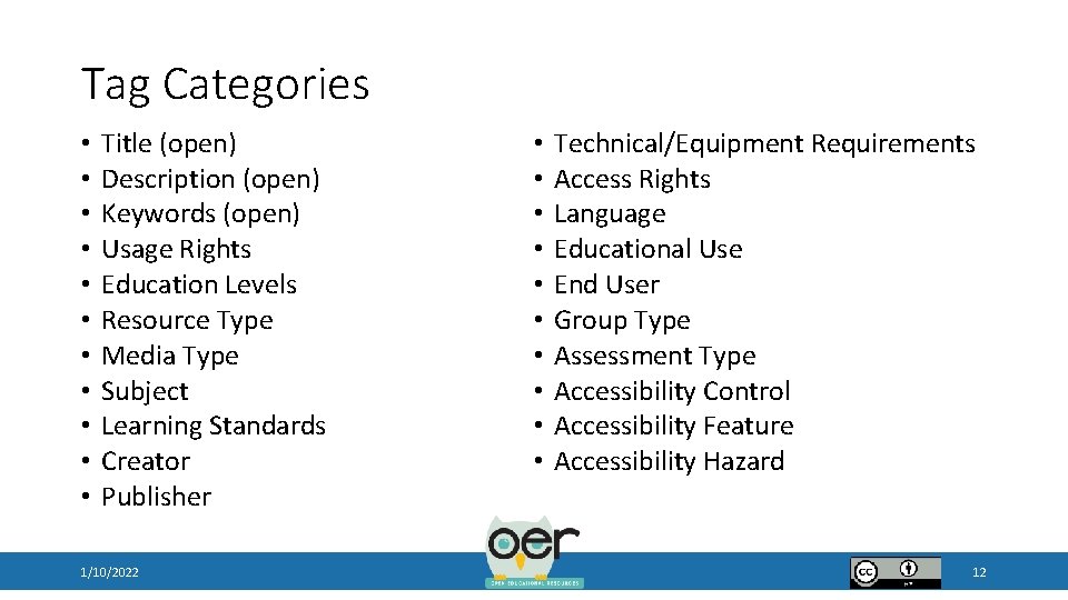 Tag Categories • • • Title (open) Description (open) Keywords (open) Usage Rights Education
