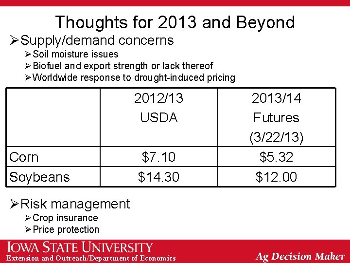 Thoughts for 2013 and Beyond ØSupply/demand concerns ØSoil moisture issues ØBiofuel and export strength