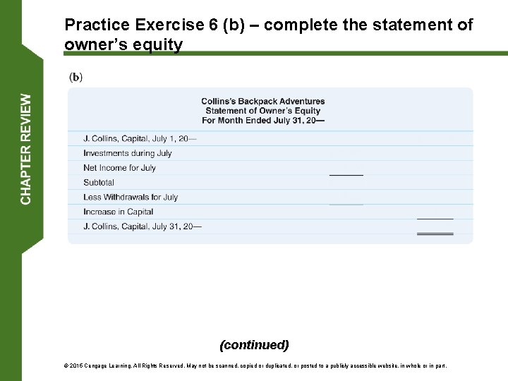 Practice Exercise 6 (b) – complete the statement of owner’s equity (continued) © 2015