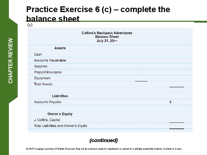 Practice Exercise 6 (c) – complete the balance sheet (continued) © 2015 Cengage Learning.