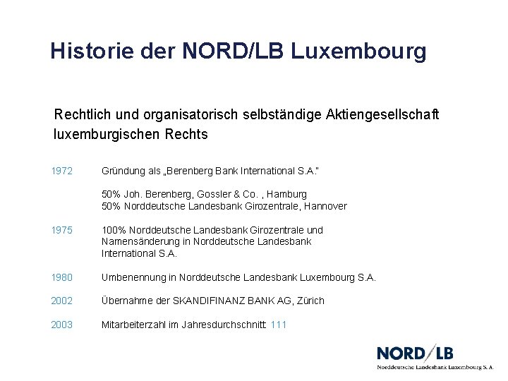 Historie der NORD/LB Luxembourg Rechtlich und organisatorisch selbständige Aktiengesellschaft luxemburgischen Rechts 1972 Gründung als