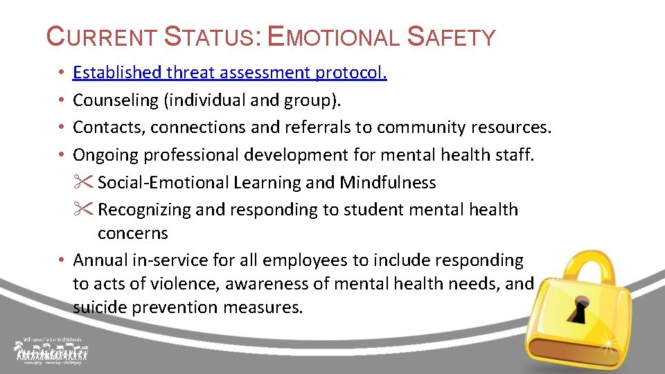 CURRENT STATUS: EMOTIONAL SAFETY Established threat assessment protocol. Counseling (individual and group). Contacts, connections