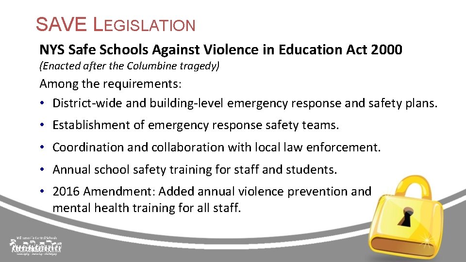 SAVE LEGISLATION NYS Safe Schools Against Violence in Education Act 2000 (Enacted after the