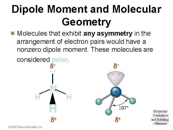 Dipole Moment and Molecular Geometry : Molecules that exhibit any asymmetry in the arrangement