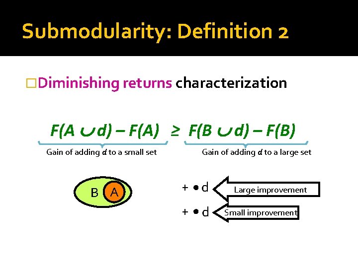 Submodularity: Definition 2 �Diminishing returns characterization F(A d) – F(A) ≥ F(B d) –