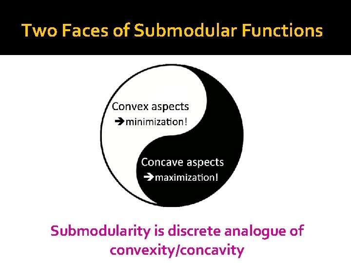 Two Faces of Submodular Functions Submodularity is discrete analogue of convexity/concavity 