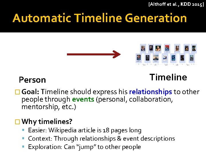 [Althoff et al. , KDD 2015] Automatic Timeline Generation Person Timeline � Goal: Timeline