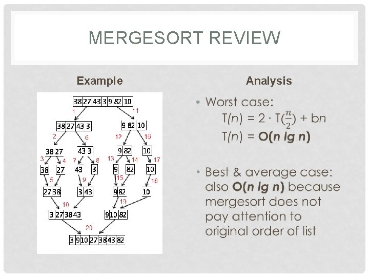 MERGESORT REVIEW Example Analysis • 