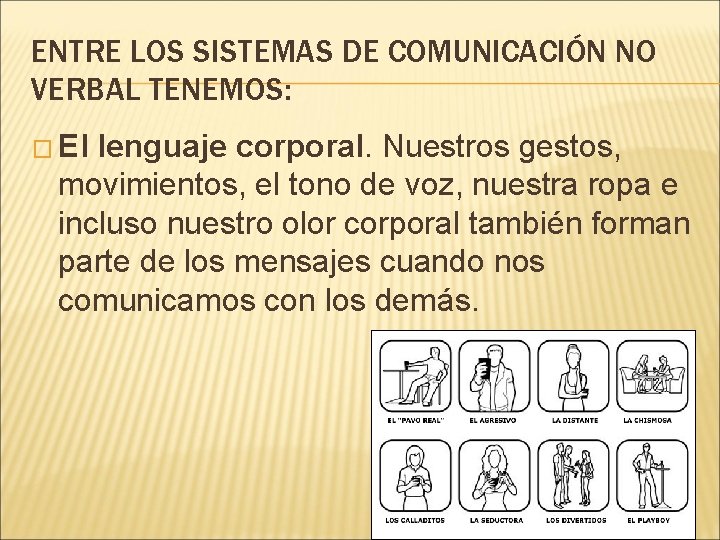 ENTRE LOS SISTEMAS DE COMUNICACIÓN NO VERBAL TENEMOS: � El lenguaje corporal. Nuestros gestos,