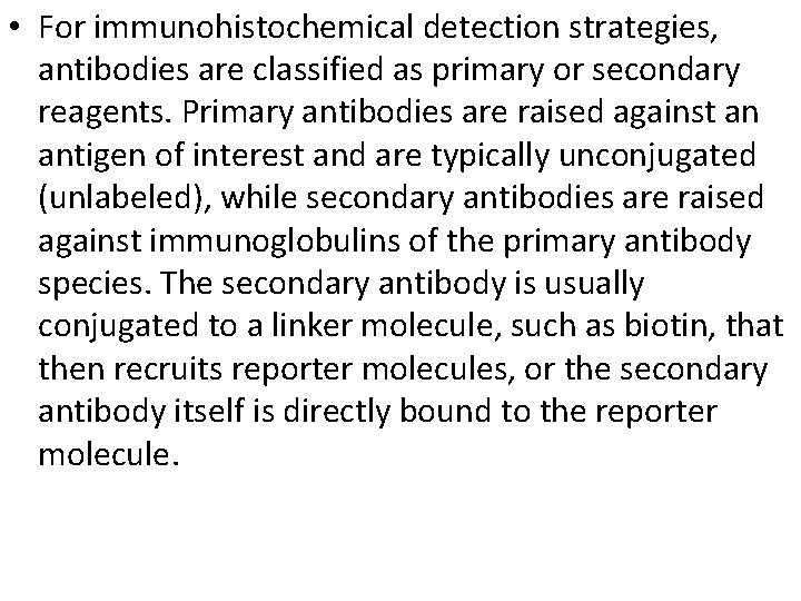 • For immunohistochemical detection strategies, antibodies are classified as primary or secondary reagents. • For immunohistochemical detection strategies, antibodies are classified as primary or secondary reagents.