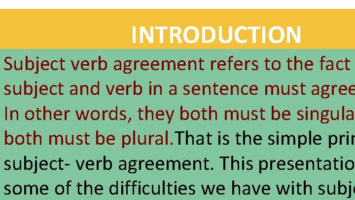 INTRODUCTION Subject verb agreement refers to the fact subject and verb in a sentence