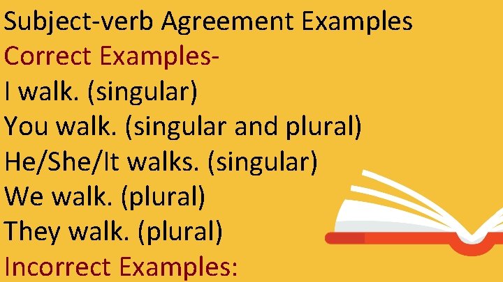 Subject-verb Agreement Examples Correct Examples. I walk. (singular) You walk. (singular and plural) He/She/It