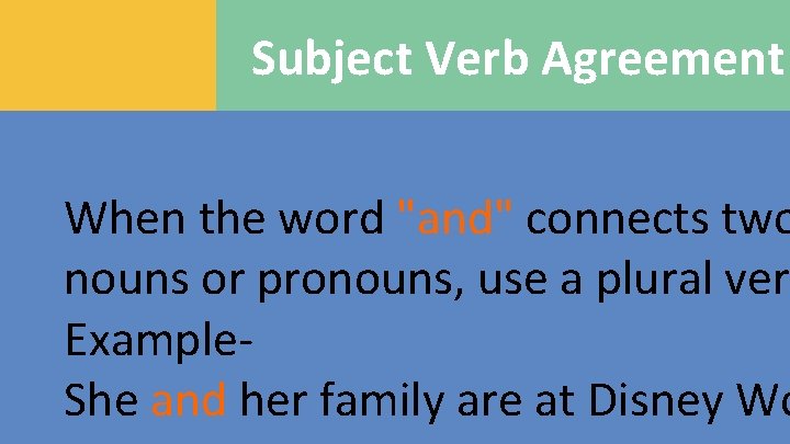 Subject Verb Agreement When the word "and" connects two nouns or pronouns, use a