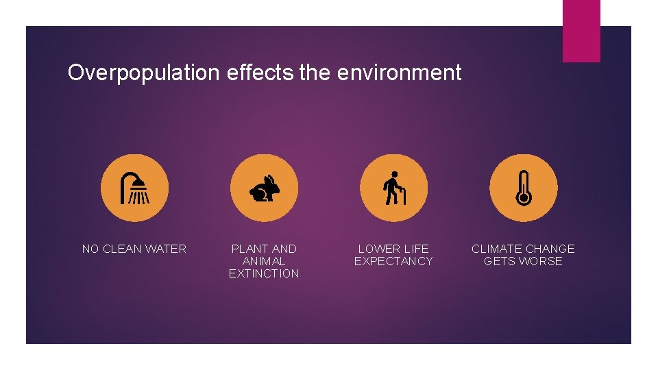 Overpopulation effects the environment NO CLEAN WATER PLANT AND ANIMAL EXTINCTION LOWER LIFE EXPECTANCY