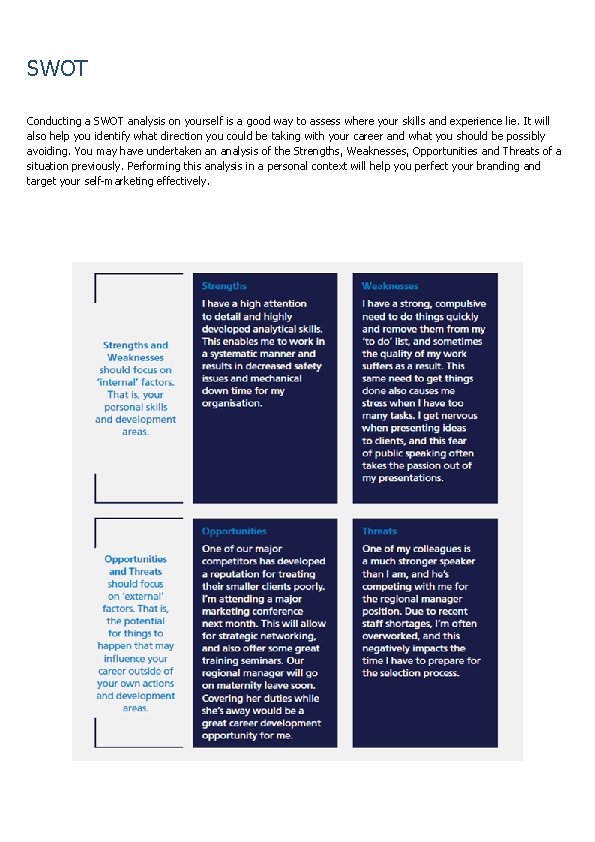 SWOT Conducting a SWOT analysis on yourself is a good way to assess where