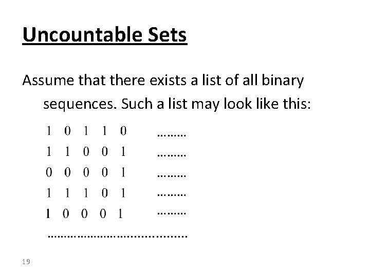 Uncountable Sets Assume that there exists a list of all binary sequences. Such a