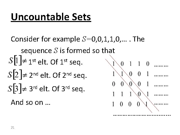 Uncountable Sets Consider for example S=0, 0, 1, 1, 0, …. The sequence S