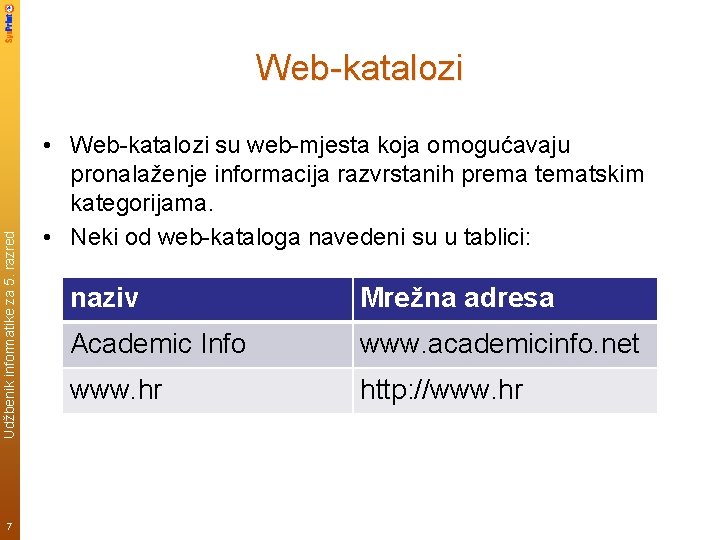 Udžbenik informatike za 5. razred Web-katalozi 7 • Web-katalozi su web-mjesta koja omogućavaju pronalaženje