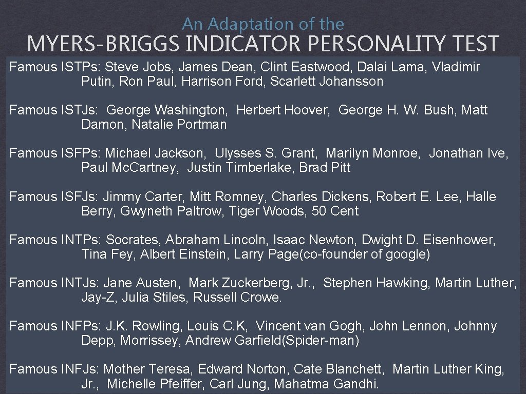 An Adaptation of the MYERS-BRIGGS INDICATOR PERSONALITY TEST Famous ISTPs: Steve Jobs, James Dean,