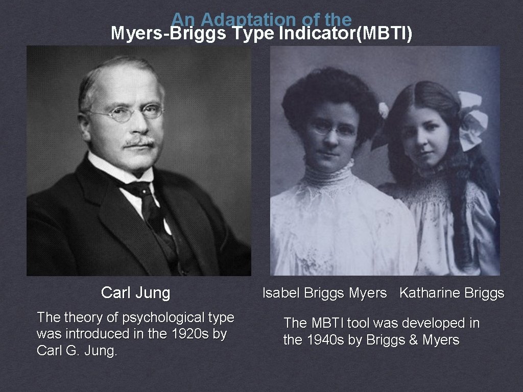 An Adaptation of the Myers-Briggs Type Indicator(MBTI) Carl Jung Isabel Briggs Myers Katharine Briggs