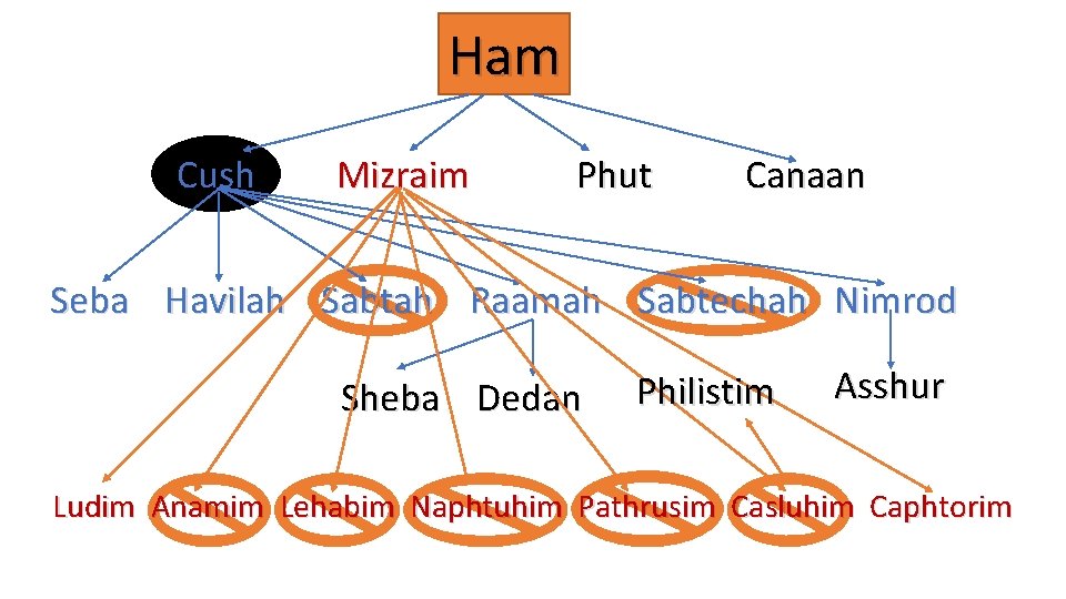 Ham Cush Mizraim Phut Canaan Seba Havilah Sabtah Raamah Sabtechah Nimrod Sheba Dedan Philistim