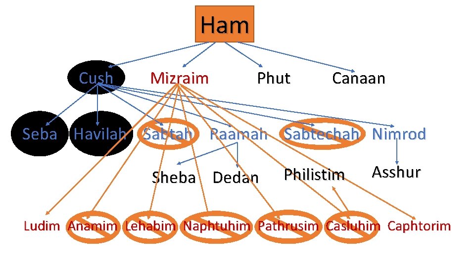 Ham Cush Mizraim Phut Canaan Seba Havilah Sabtah Raamah Sabtechah Nimrod Sheba Dedan Philistim