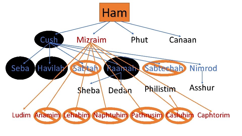 Ham Cush Mizraim Phut Canaan Seba Havilah Sabtah Raamah Sabtechah Nimrod Sheba Dedan Philistim