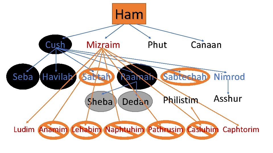 Ham Cush Mizraim Phut Canaan Seba Havilah Sabtah Raamah Sabtechah Nimrod Sheba Dedan Philistim
