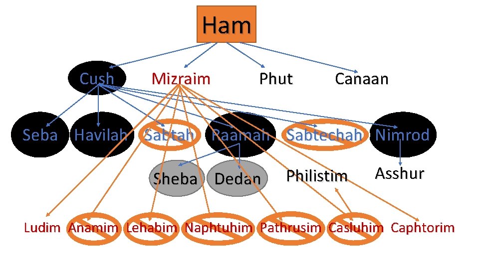 Ham Cush Mizraim Phut Canaan Seba Havilah Sabtah Raamah Sabtechah Nimrod Sheba Dedan Philistim