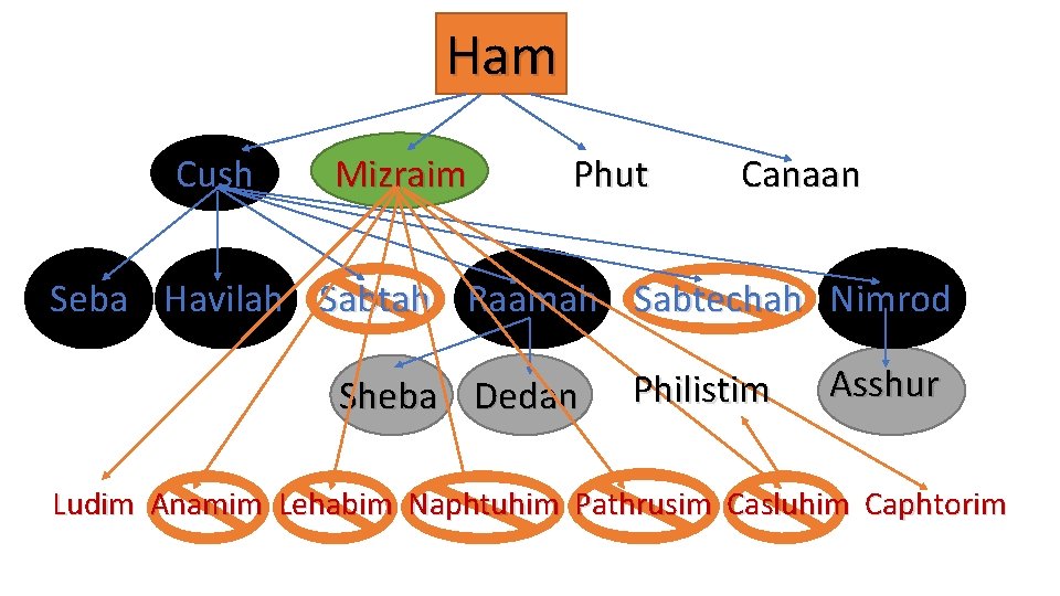 Ham Cush Mizraim Phut Canaan Seba Havilah Sabtah Raamah Sabtechah Nimrod Sheba Dedan Philistim