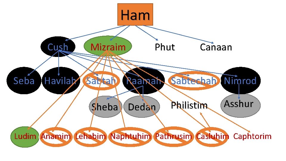 Ham Cush Mizraim Phut Canaan Seba Havilah Sabtah Raamah Sabtechah Nimrod Sheba Dedan Philistim