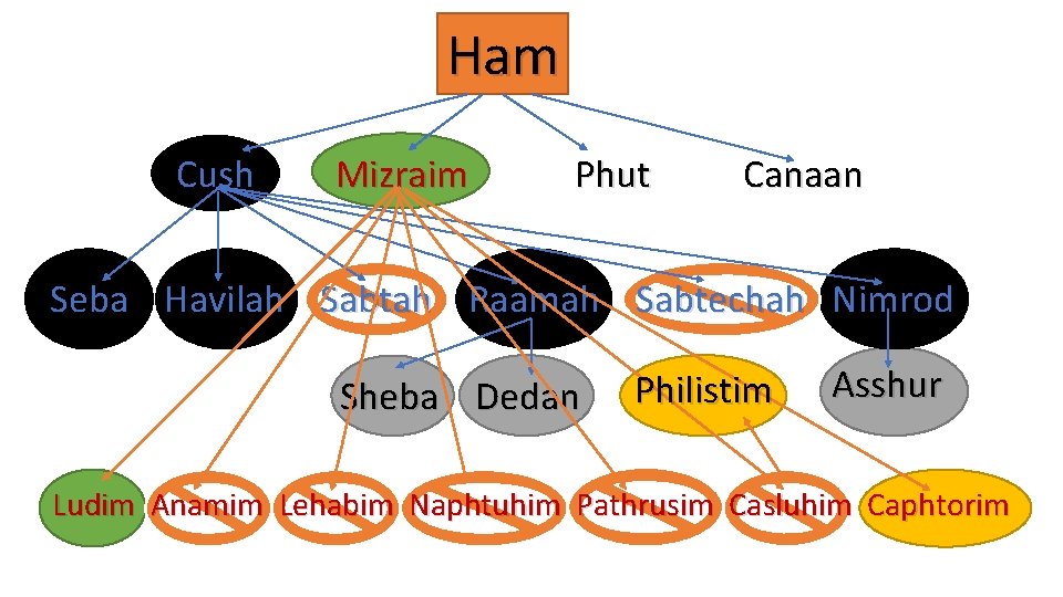 Ham Cush Mizraim Phut Canaan Seba Havilah Sabtah Raamah Sabtechah Nimrod Sheba Dedan Philistim