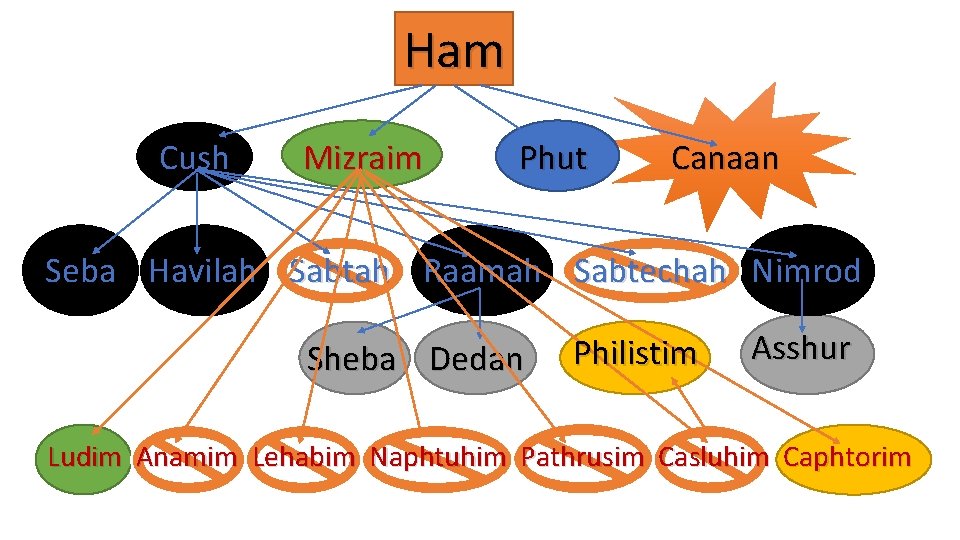 Ham Cush Mizraim Phut Canaan Seba Havilah Sabtah Raamah Sabtechah Nimrod Sheba Dedan Philistim