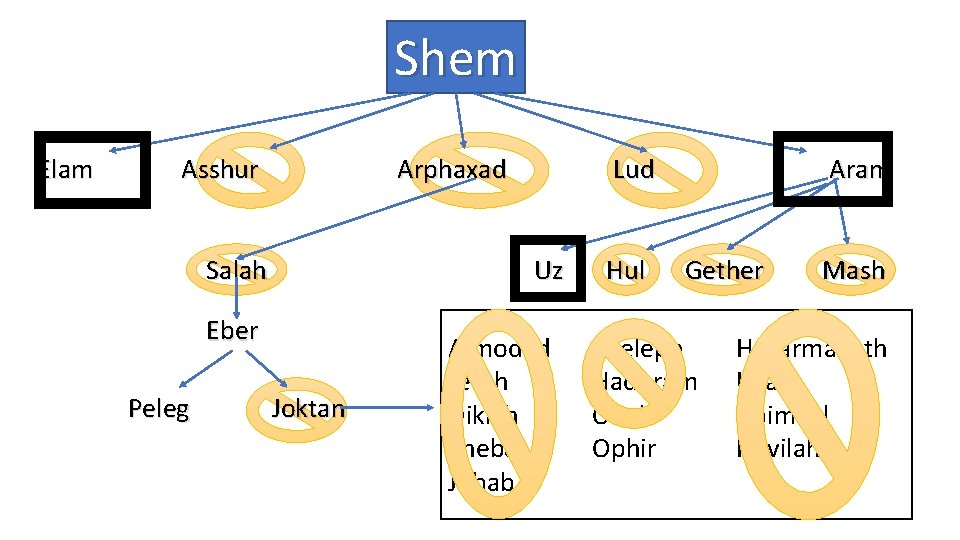 Shem Elam Asshur Arphaxad Salah Uz Eber Peleg Lud Joktan Almodad Jerah Diklah Sheba
