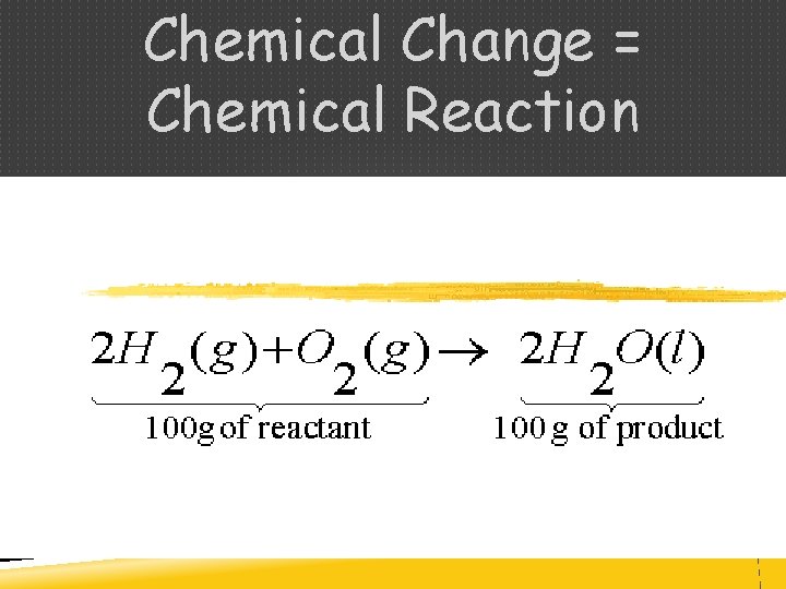 Chemical Change = Chemical Reaction  Chemical Change = Chemical Reaction
