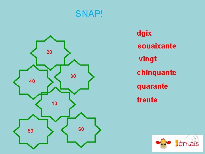 SNAP! dgix souaixante 20 vîngt chînquante 30 40 quarante trente 10 50 60 