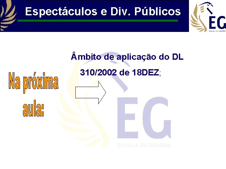 Espectáculos e Div. Públicos mbito de aplicação do DL 310/2002 de 18 DEZ; 