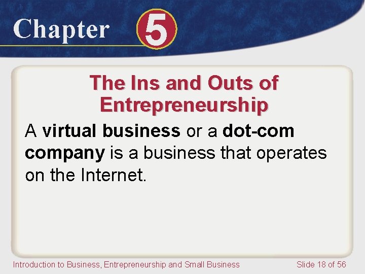 Chapter 5 The Ins and Outs of Entrepreneurship A virtual business or a dot-com