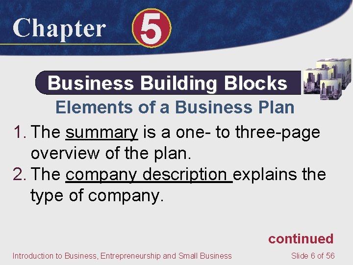 Chapter 5 Business Building Blocks Elements of a Business Plan 1. The summary is