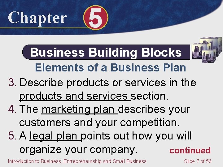 Chapter 5 Business Building Blocks Elements of a Business Plan 3. Describe products or