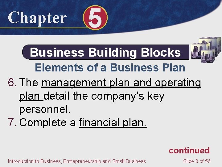 Chapter 5 Business Building Blocks Elements of a Business Plan 6. The management plan