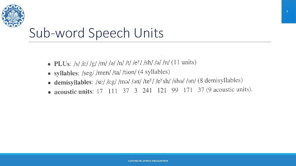 3 Sub-word Speech Units AUTOMATIC SPEECH RECOGNITION 