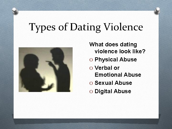 Types of Dating Violence What does dating violence look like? O Physical Abuse O